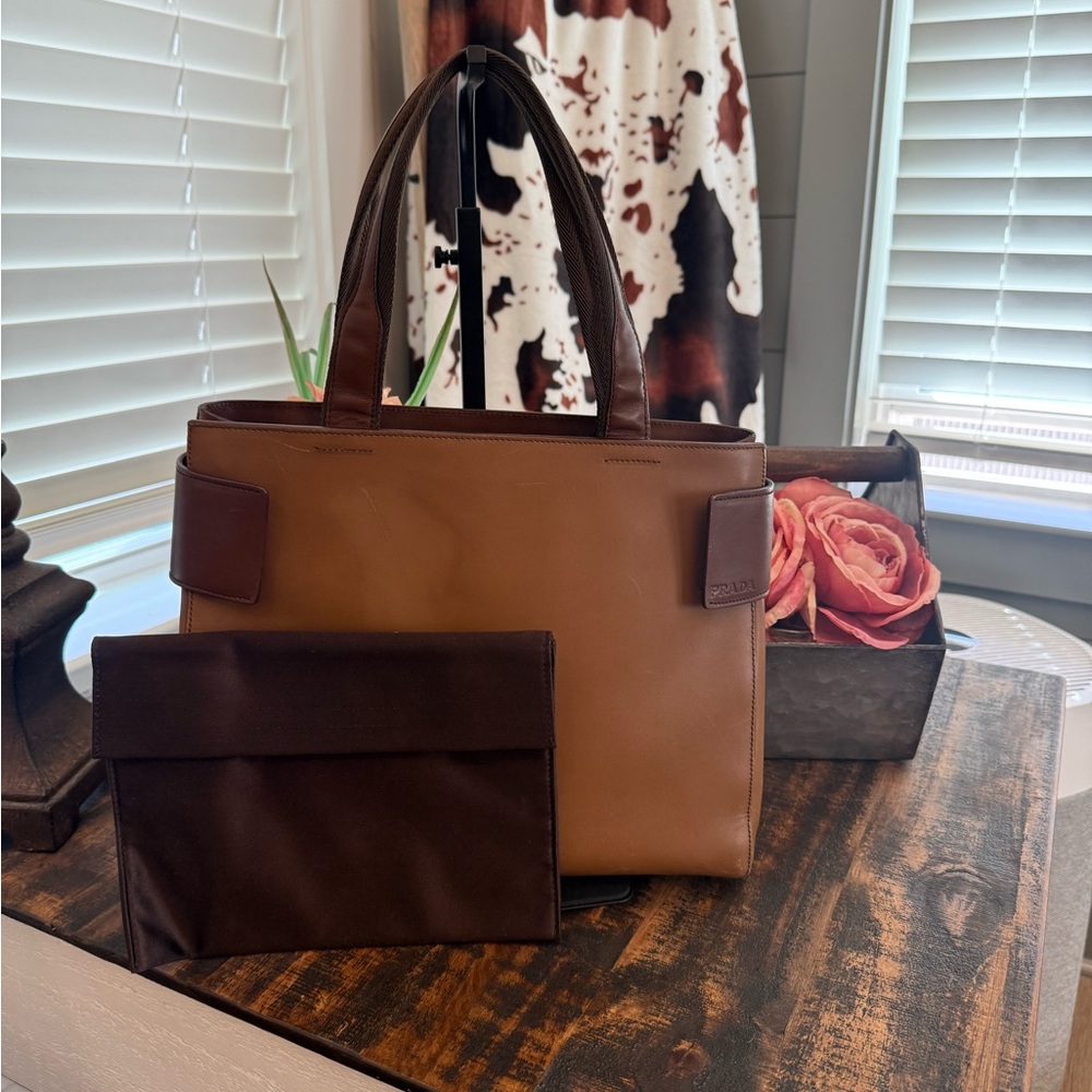 Prada Two-Tone Brown Leather Tote with Dark Brown Pouch